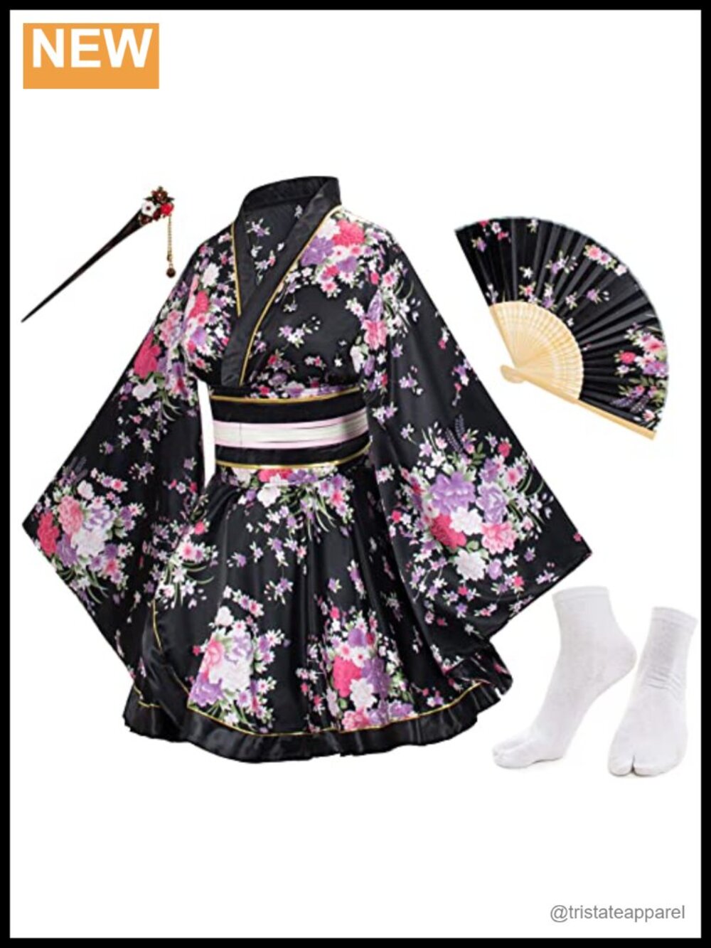 Satin Kimono Robe 5-Piece Set with Fans Tabi Socks Hairstick